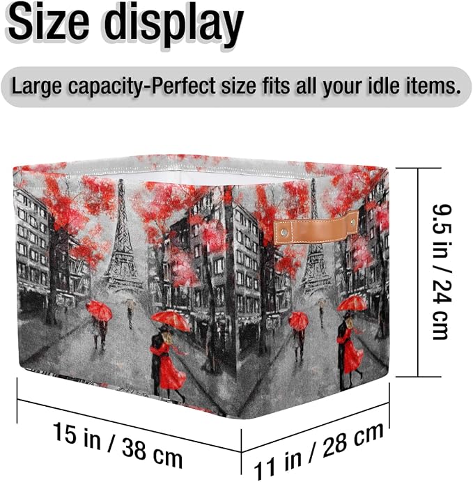 Pardick Eiffel Tower Storage Basket Bins Paris France Flower Toys Books Clothes Canvas Storage Box Cubes Rectangular Collapsible with Handles for Bedroom Nursery Home Office Decor Organizer Basket