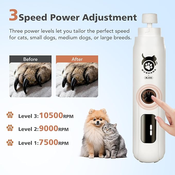 LINFOX Dog Nail Grinder, 3-Speed Low Vibration Quiet Electric Pet Nail Trimmer with Digital Display, Rechargeable USB-C Cat & Dog Nail File for Small Medium Large Pets