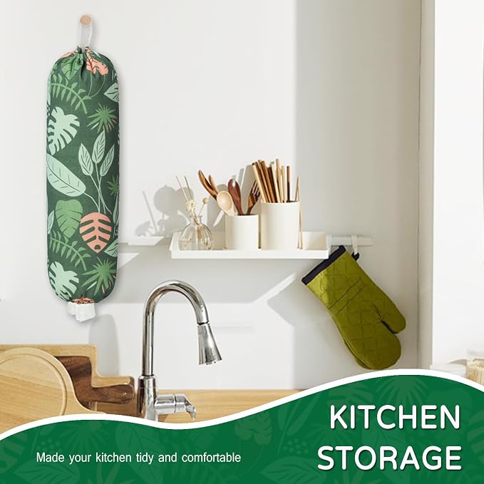 Plastic Bag Holder, Reusable Grocery Bag Holder for Plastic Bags Groceries Store, Flower Canvas Trash Plastic Bag Organizer Storage Holders for Home Kitchen Pantry Decor (Green Seaweed)