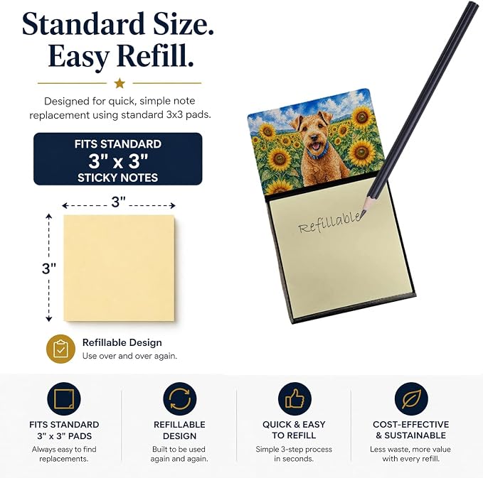 Caroline's Treasures Lakeland Terrier in Sunflowers Watercolor Sticky Note Holder Refillable Dispenser Desk Accessory 3x3 Pad Gift
