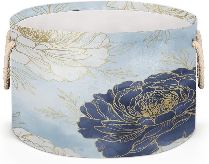 Large Storage Baskets - Blue Gold Peony Floral Nursery Organizer Bin Box with Handles Collapsible Round Laundry Hamper for Kids Toys Pet Blanket, Bedroom Living Room Home Decor Gift Basket