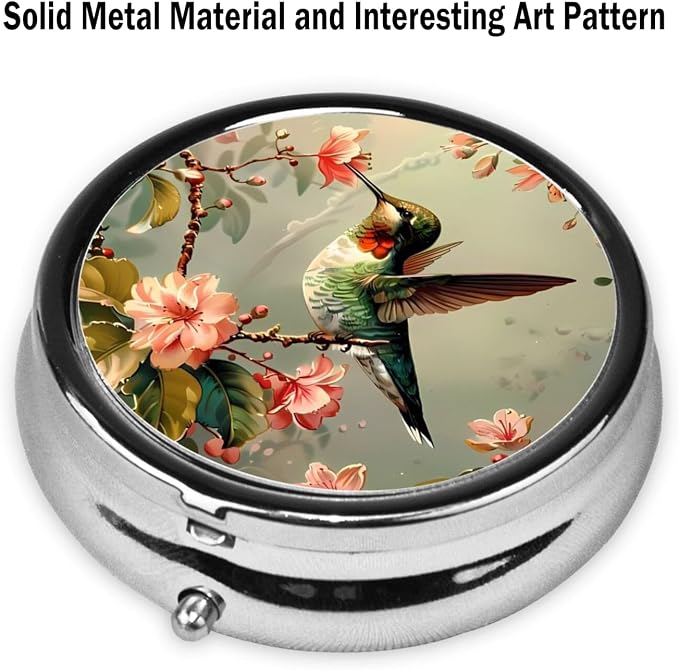 Pill Box, Small Pill Organizer with 3 Compartments and Mirror, Cute Round Portable Travel Metal Pill Case for Pocket or Purse, Privacy-Protecting Medicine Box-Hummingbird Flowers