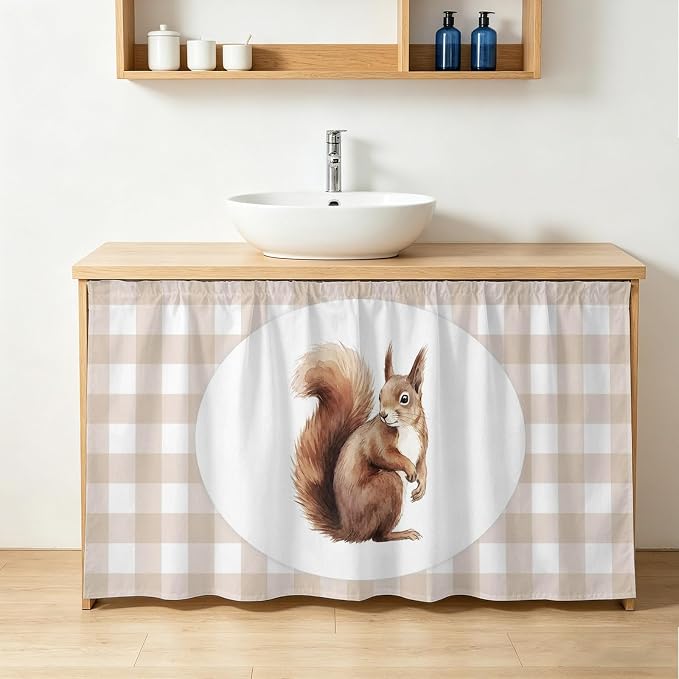 Squirrel Plaid Cabinet Curtains 28"x51" Sink Skirt for Bathroom Kitchen, Modern Farmhouse Checkered Rustic Animal Self Stick Adhesive Under Desk Covers Tall Laundry Cabinet Storage Organizer