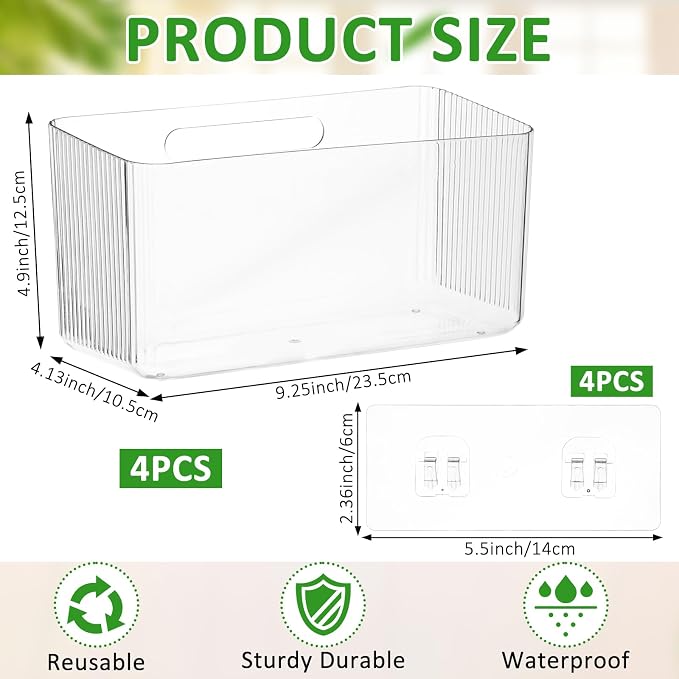 4 PCS Plastic Adhesive Mount Over Cabinet Door Organizer, Under Sink Door Storage Shelf Refrigerator Side Storage Box, Wall Organization Container for Kitchen Bathroom Office