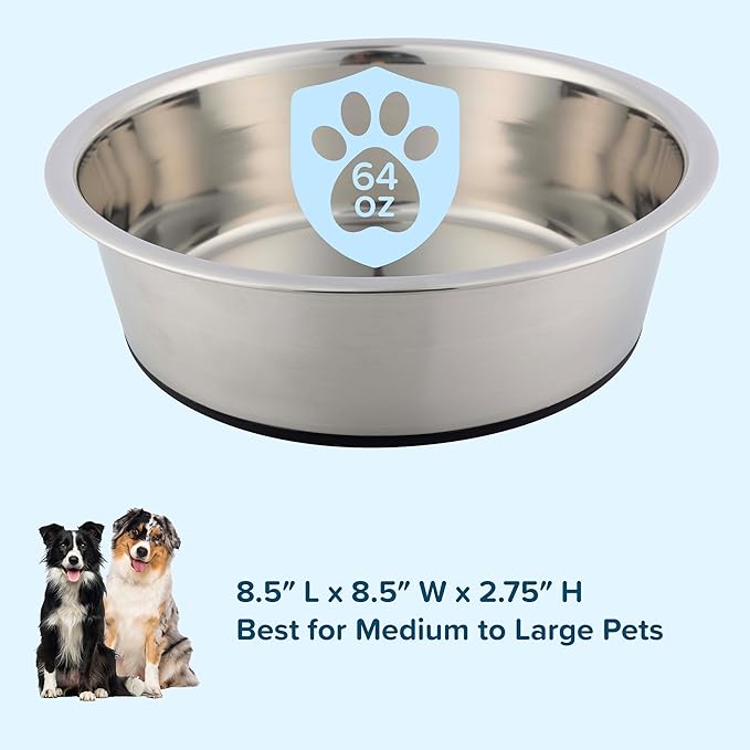 Set of 2 Stainless Steel Dog Bowls - 64oz/8 Cups Food and Water Bowls for Dogs and Cats - Non Slip Metal Pet Dishes for Medium to Large Sized Pets - Puppy Essentials by PETMAKER
