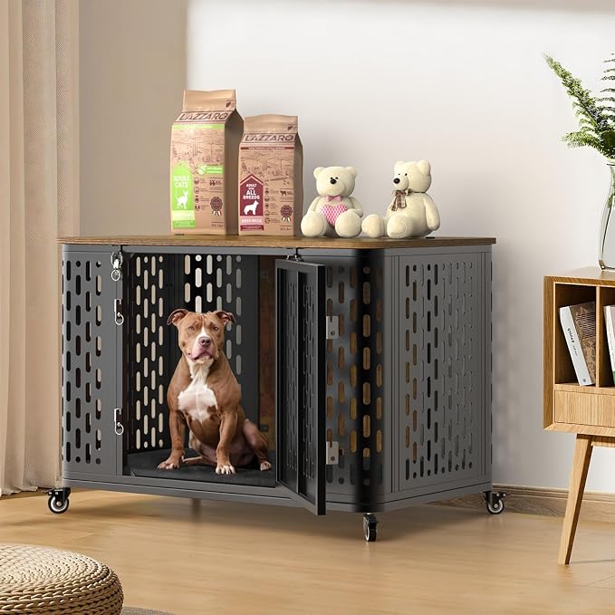 ONBRILL Dog Crate with Cushion, 38" Wood Heavy Duty Dog Crate Furniture with Flip Top & Wheels for High Anxiety Dog, Escape Proof Pet Cage for Small/Medium Dogs