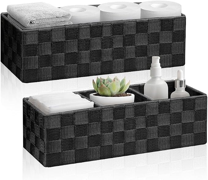 Woven Black Storage Baskets Shelf Tote Boxes for Organizing, Woven Baskets for Shelves Small Baskets Organizer Bins Pantry Storage Baskets (Black, 13Qt./2 PCS)