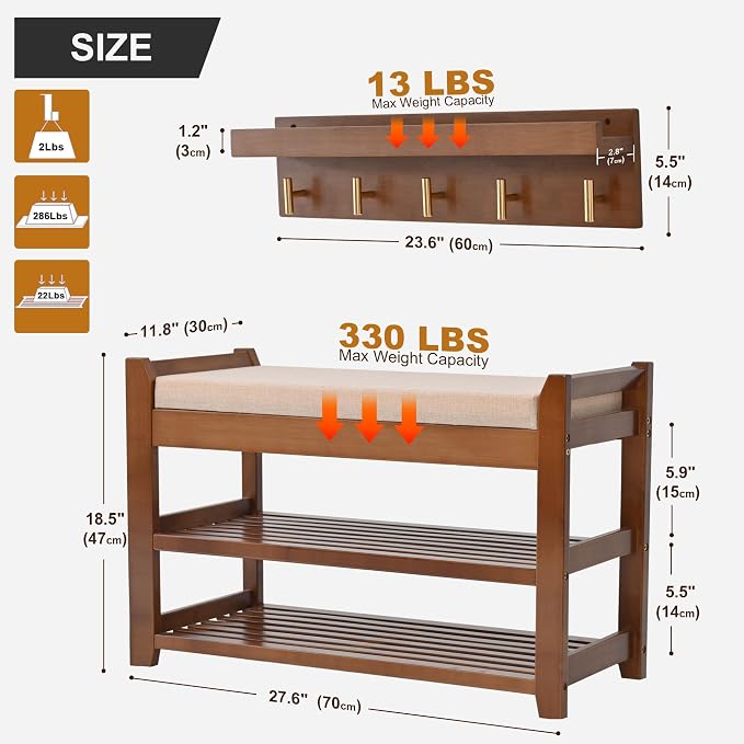 PETKABOO Shoe Rack for Front Door Entrance, 28” Entryway Bench with Coat Rack, Hall Tree Shoe Bench with Storage for Entry, Hallway, Bedroom, Living Room