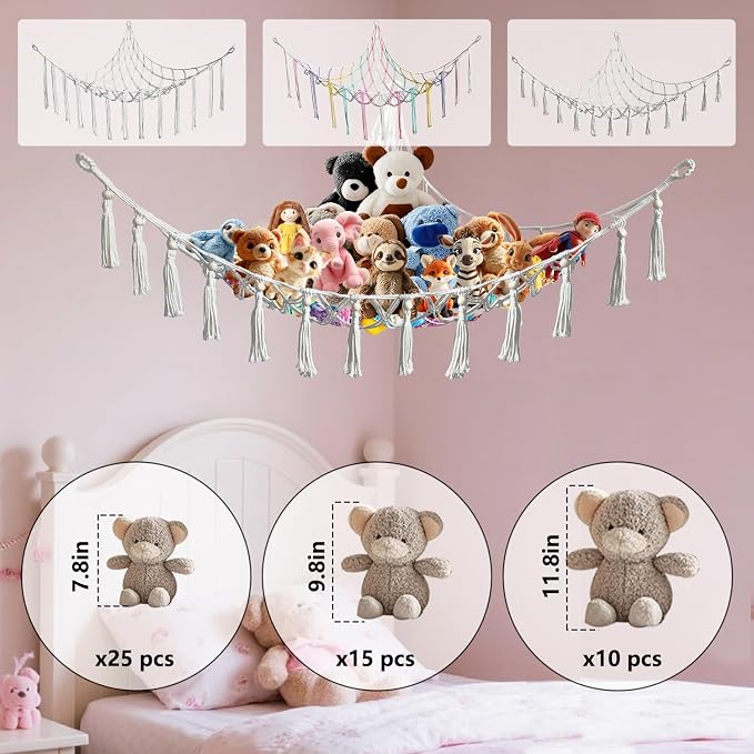 Stuffed Animal Hammock Corner with Hooks Soft Fabric Hanging Bed for Plush Toys, Toy Storage Organizer Playroom Decor (Beige)