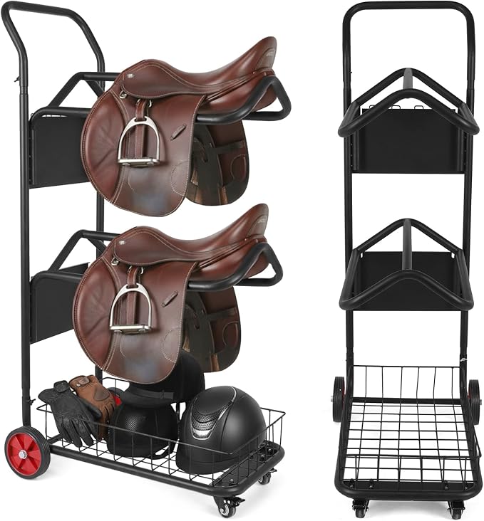Horse Saddle Cart with Storage Basket 3 Tier Rolling Heavy | Heavy Duty Organizer for Stable Barn Tack Room Moving Transport Supplies