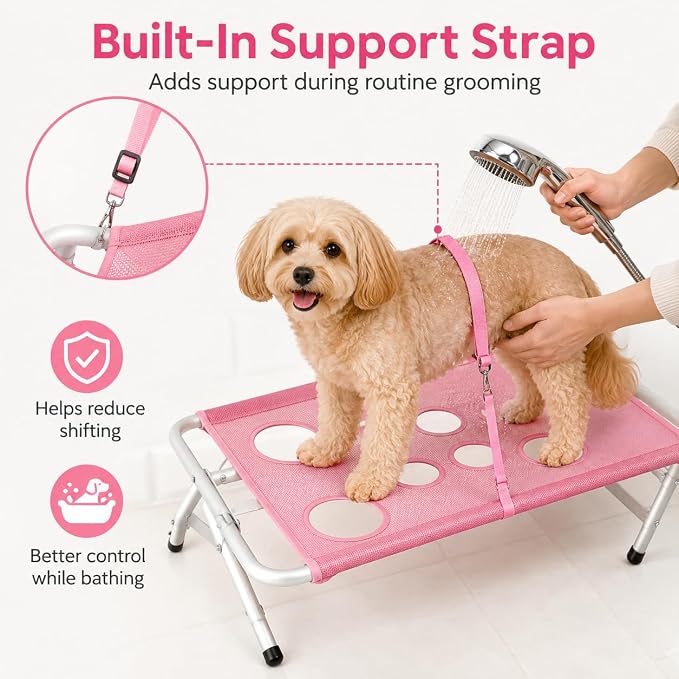 Foldable Pet Bathing Stand, Dog Grooming Bath Stand with Mesh Surface (Gray) | Elevated Dog Washing Station with Support Strap, Portable Metal Frame Bathing Rack for Small Dogs and Cats