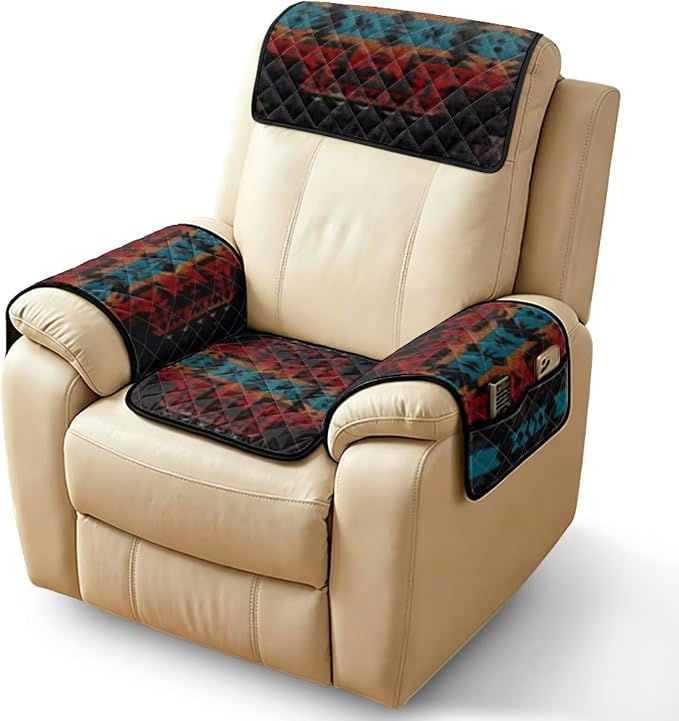 Aztec Geometric Recliner Chair Covers with Pockets 4-Piece | Tribal Quilted Recliner Furniture Protectors for Reclining Chair Lazy Boy Recliners Armchair, Pet Friendly Non Slip