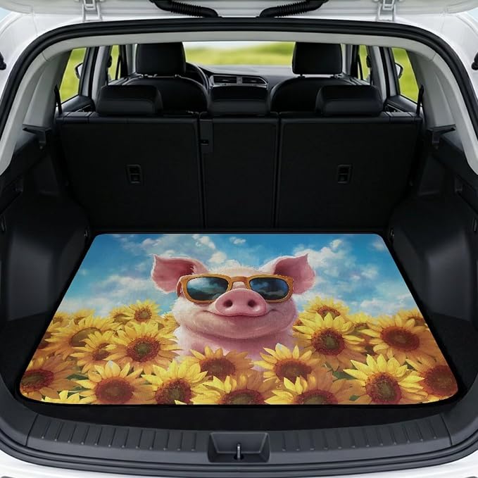 Funny Floral Pig Car Trunk Mat for Camping, Non Slip Backing Rear Cargo Mat Picnic Protector Trunk Liner Dustproof, Easy Clean, All Weather