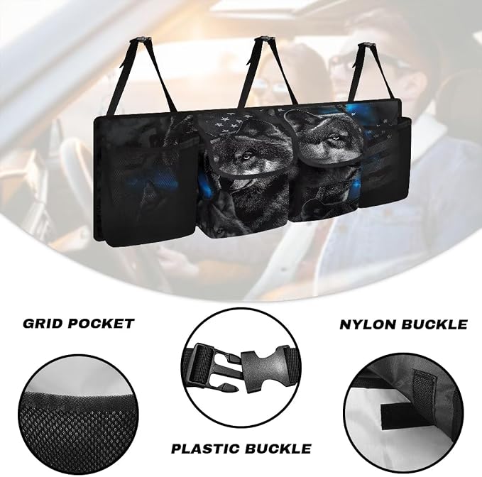 Wolf Theme Car Trunk Organizer for Women Men Car Back Seat Hanging Storage Bag Collapsible Auto Cargo Bag with 4 Large Pockets Auto Interior Accessories