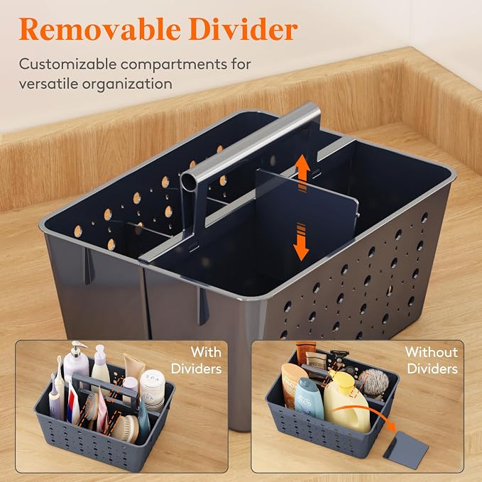 Lifewit Portable Shower Caddy, Plastic Basket Organizer, Slate Blue, 2 Pack | Adjustable Dividers, Drain Design, College Dorm Room Essentials with Handle, for Bathroom