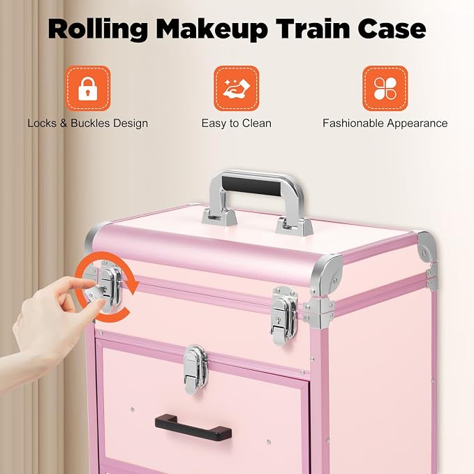 Professional Rolling Makeup Train Case, Large Cosmetic Trolley with Three-Gear Telescopic Pull Rod for Hairdressers, Pet Beauticians Bearing Capacity 110.23 Lbs 22.4 x 14.2 x 9.1 Inch Pink