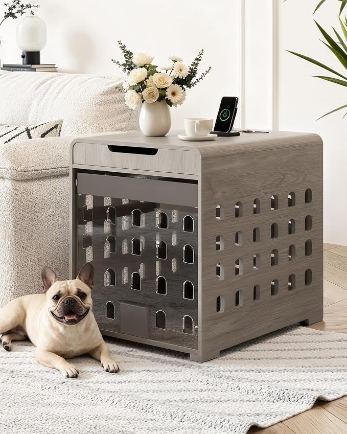 Modern Dog Crate Furniture with Charging Station Medium Kennel Indoor with Flip-up Hidden Acrylic Door for Small and Medium Breeds up to 50lb Wood Pet End Side Table Cage, Grey