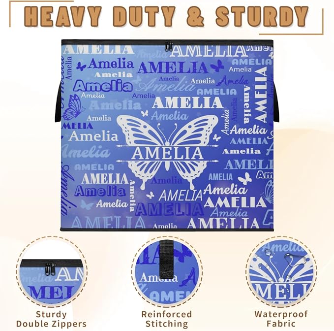 Custom Storage Baskets Cubes for Home with Name, Large Foldable Organizer Collapsible Storage Bins for Home Blanket Comforters Clothes Closet Nursery, Gradient Blue Butterflies