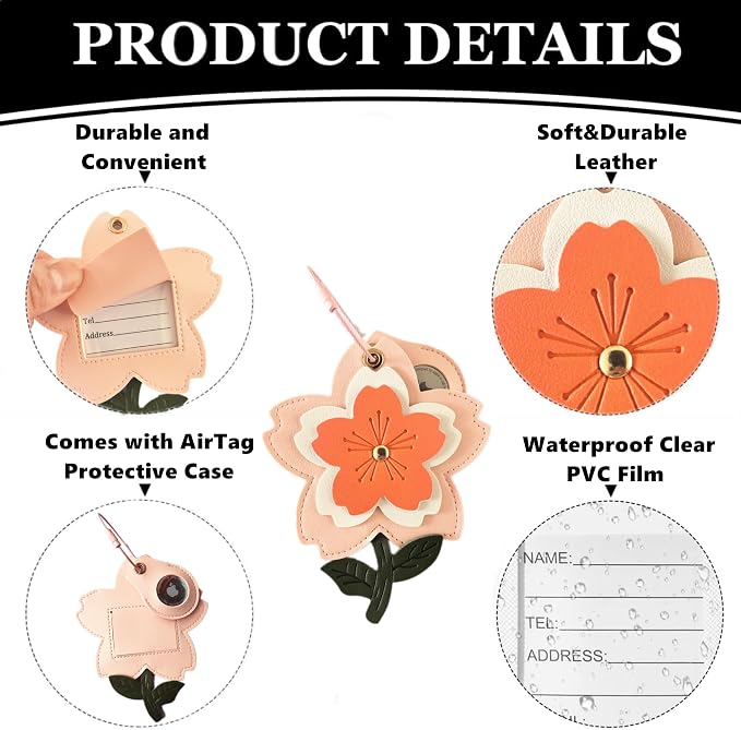 PU Leather Luggage Tag with Airtag Holder Case Set and Name ID Label | Hidden Compartment for AirTag Travel Suitcase Tracking Case with Stainless Steel Loop,Cute Fruit Plant Animals Styles,sakura