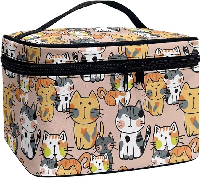 Kawaii Cat Makeup Bag Cosmetic Travel Pouch for Women Large Make Up Bags Portable Cosmetic Storage Bag with Handle Multi-functional Toiletry Bag
