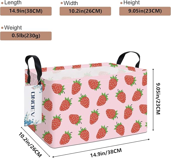 Rectangular Fabric Storage Bin, Foldable Strawberry print Basket | Damp-proof canvas with reinforced stitched handles.Great for clothes,books and sundries in closets,playrooms,laundry rooms.