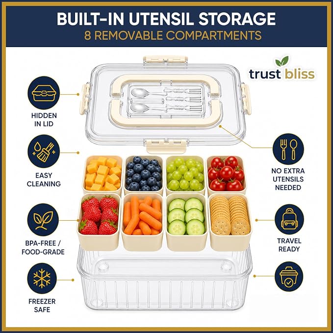 Snackle Box Container with Built-In Utensil Tray | BPA-Free 8 Compartment Divided Serving Tray, Snack Organizer & Snack Tackle Box for Adults and Kids | Portable snacklebox for Travel