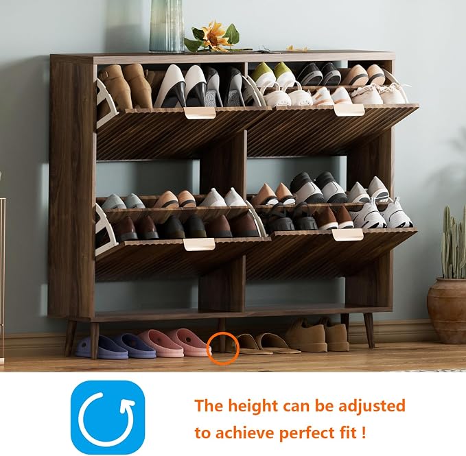 Shoe Cabinet Storage,Modern Freestanding Organizer with 4 Flip Drawers,Narrow Shoe Rack Cabinet for Entryway,Walnut