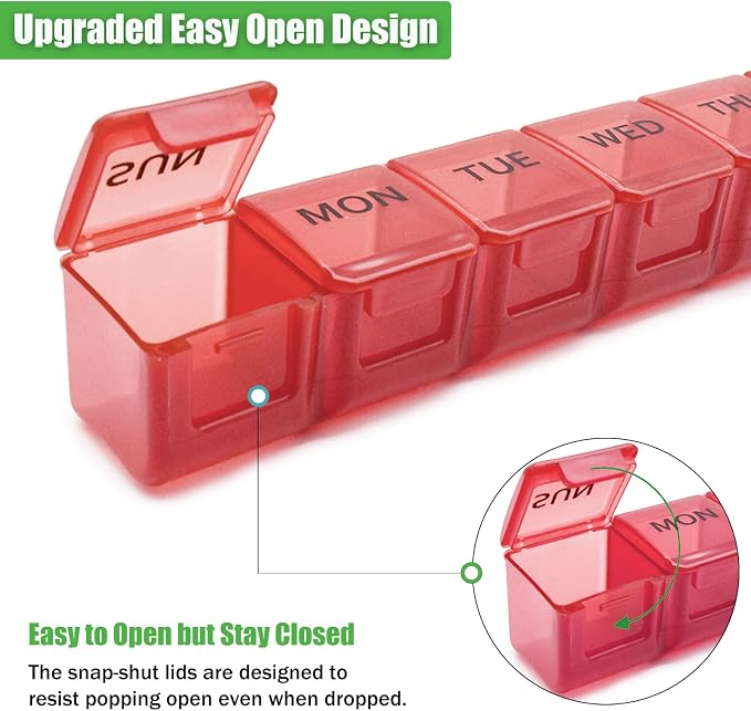 2 Pack Weekly Pill Organizer, Large 7 Day Travel Pill Case (Orange & Red) | Daily Vitamin Case Medicine Box, AM/PM Pill Containers Twice a Day for Medicine Supplements Fish Oil, Portable & Durable