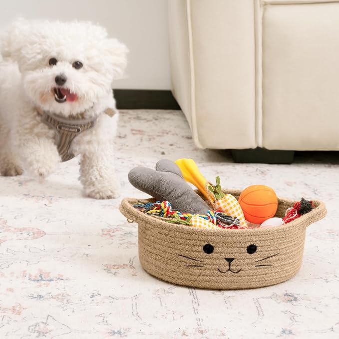 Small Woven Rope Cat Toy Basket with Cat Face Design, Jute | 9.8" x 4" Cute Cat Basket with Handles, Small Toy Bin & Box for Living Room & Nursery, Natural Instinct Basket for Cats Dogs