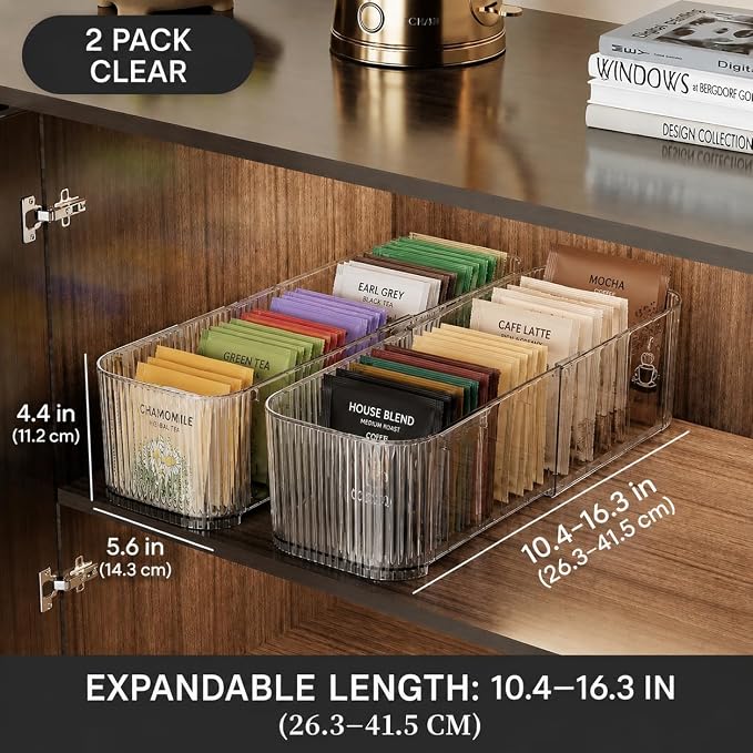 2-Pack Clear Expandable Drawer Organizer Bins, Fluted Plastic Pantry Storage and Organization Bins for Deep Kitchen Cupboard, Fridge, Bathroom, Sauce Packet Holder