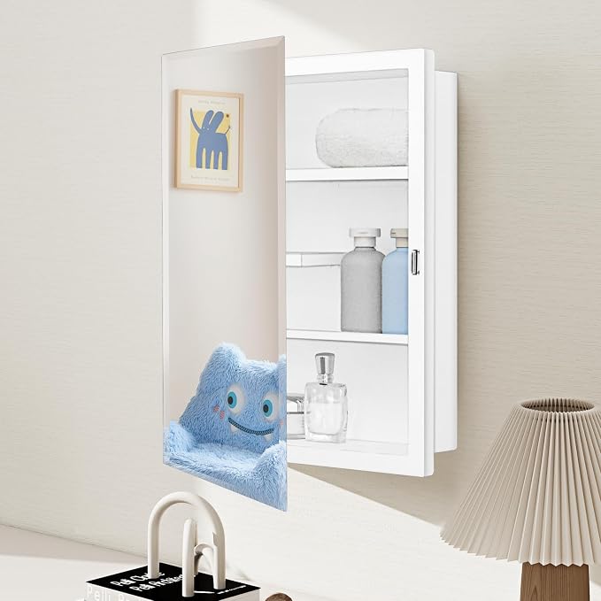 White Metal Medicine Cabinet, 16 x 20 Beveled Mirror, Surface Mount Storage | Beveled Mirror Bathroom Cabinet with Adjustable Staggered Shelves, Piano Hinge, Left/Right Swing & Matte White Powder Coating