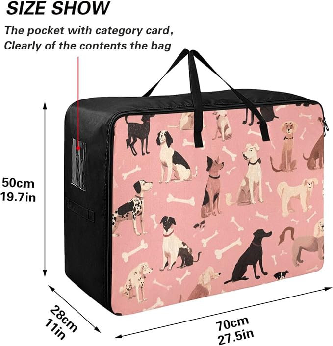 Comforter Storage Bags Large Folding Blanket Organizer Bag with Strong Handles Clear Window Closet Storage Containers for Clothes King Queen Pillows Bedding Quilt Duvet Pink Dog and Bone01