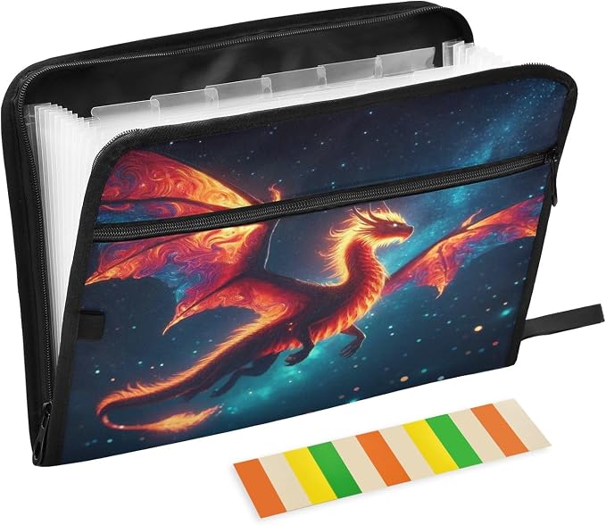 Dragon in The Dark Night File Organizer 13 Pocket Expanding File Folder with Front Pouch Portable Business Fire Storage Document Organizer Folder with Zipper