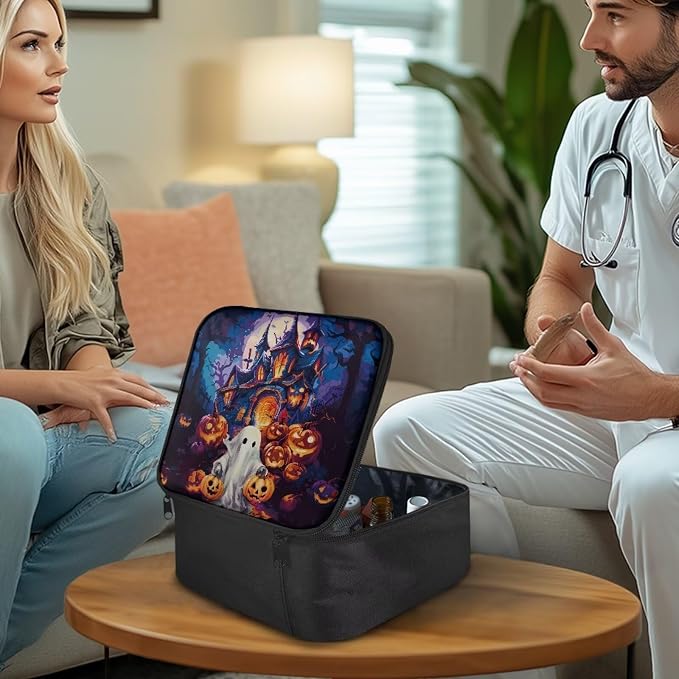 Halloween Empty First Aid Bag Ghost Castle Print Empty First Aid Bag Medical Bag for Home Office and Travel Use Lightweight Washable Soft Fabric