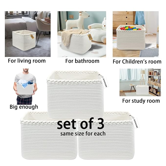 COMFY-HOMI 3PACK Cotton Rope Square Basket with Handles for Shelves| Storage|Baby Basket for GIF|Shoe Basket for Organizing|New13.5" x 11" x 9.5" for Living Room