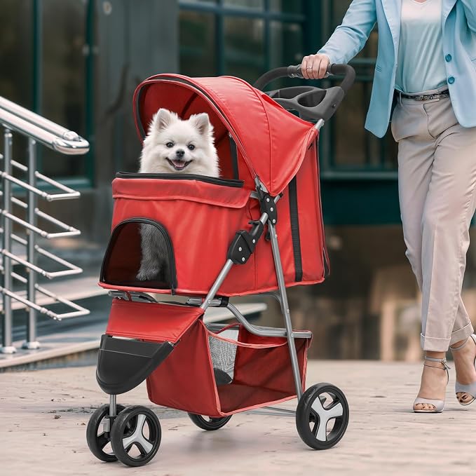 Magshion 3-Wheel Pet Stroller for Small/Medium Dogs & Cats, Up to 33lbs | Foldable Travel Jogger w/ Breathable Mesh Cover, Lightweight Design, Safety Tethers, Cup Holder & Storage Basket