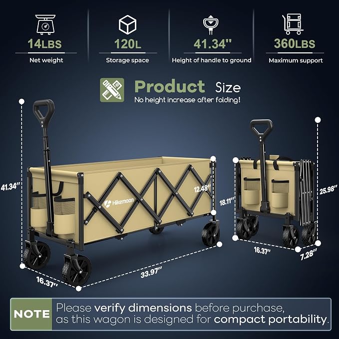 34'' Extra Long Folding Portable Wagon Cart, 120L 360LBS Khaki | Wagons Carts Foldable, Heavy Duty, Collapsible Compact Storage, Utility for Shopping/Grocery/Garden/Camping/Sports