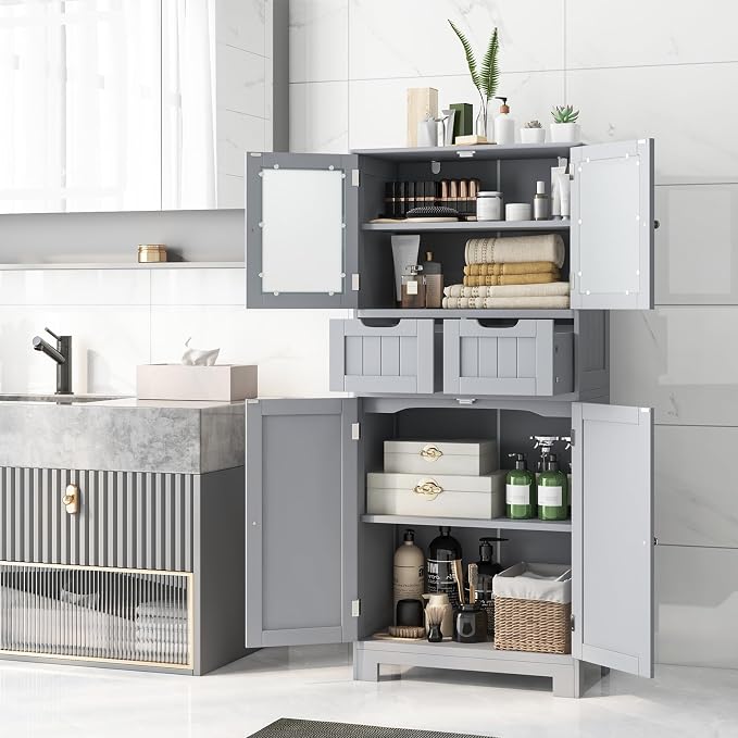 LOKO Bathroom Cabinet, Linen Storage Organizer with Doors & Drawers, Wooden Floor Cabinet with Adjustable Shelves for Bathroom, Living Room or Kitchen (Grey)