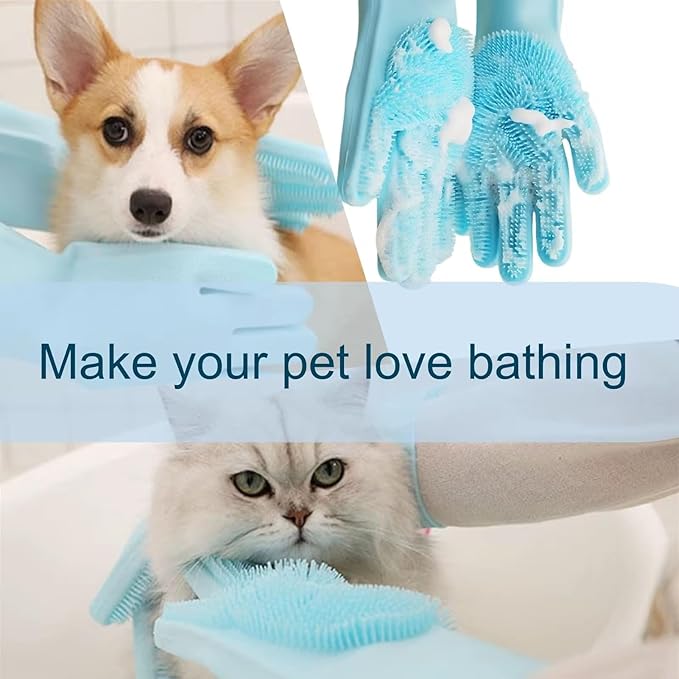 Pet Grooming Gloves for Dogs & Cats, Silicone Deshedding Brush, Gentle Fur Remover, Bathing & Massage Gloves, Blue