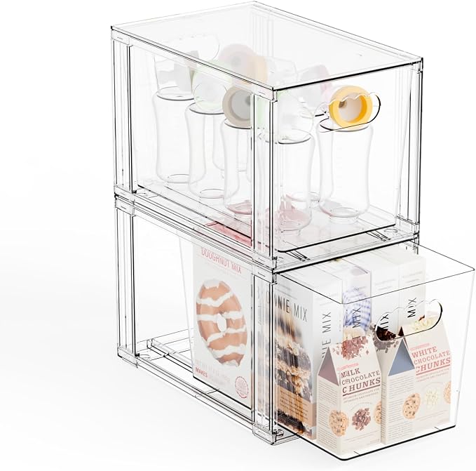 Yieach 2 Pack Large Stackable Storage Drawers,11″Deep Under Cabinet Organizer,Baby Bottle Organizer,Clear Stacking Pull Out Drawer,Acrylic Storage Containers Bins for Organizing Snack,Medicine,Makeup