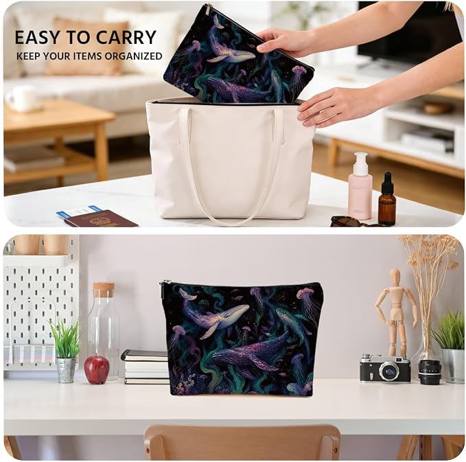 JIUWEIHU Whale Shark Gifts Makeup Bag Colourful Ocean Animals Cosmetic Bag | Jellyfish Travel Toiletry Bags Toiletry Organizer Pouch Christmas Birthday Gifts for Women Mom Girls Daughters Friends