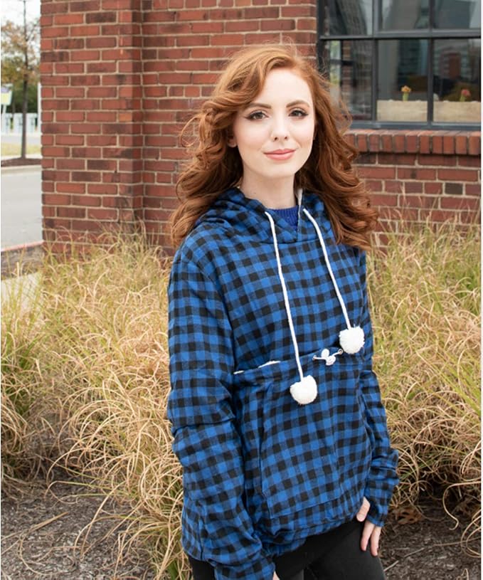 Pet Pouch Hoodie - Cat Dog Holder Sweatshirt Large Pocket Carrier Pullover Tops for Women (Blue+Black, X-Large)