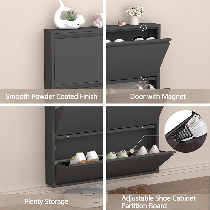 GREATMEET Shoe Cabinet with 3 Flip Drawers, Metal Entrance Shoe Cabinet Storage for Entryway, Modern Hidden Narrow Shoes Rack Organizer Wall Mount for Living Room, Bedroom, Hallway,Black