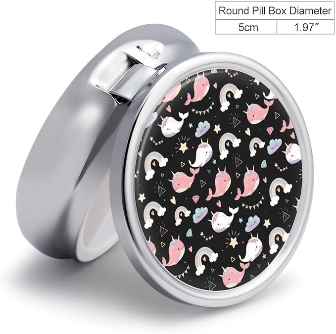 Portable Medicine Box, Narwhals Round Pill Organizer, Compact Case for Fish Oil, Travel Pill Holder Purse Carry for Seniors