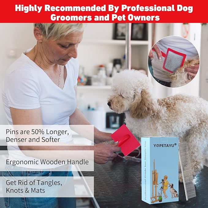 Dog Slicker Brush for Goldendoodles, Poodles & Long Haired Dogs - Long Pin Doodle Brush & Pet Comb Kit Removes Tangles Loose & Knots, Professional Grooming Tools with Wooden Handle, Red