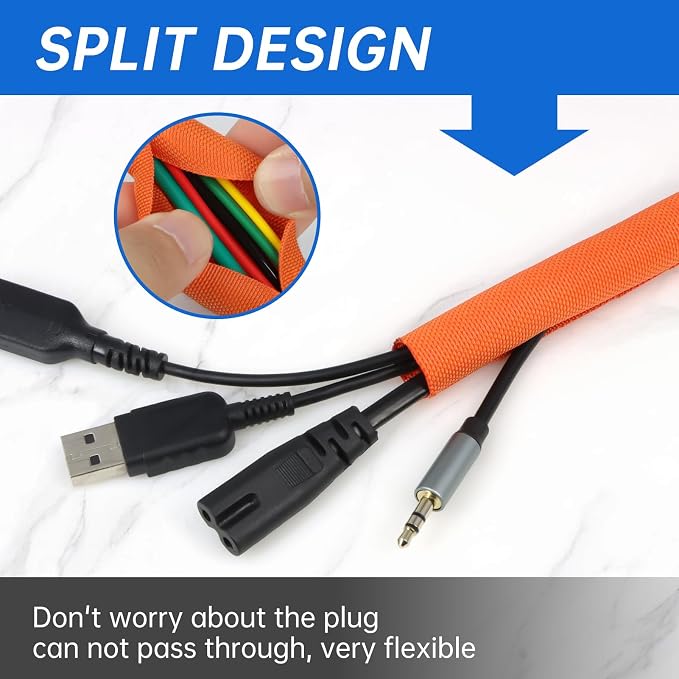 Split Braided Cable Sleeve，Flexible Wire Loom Tubing, Automotive Cord Protector Pet Proof, Cable Management for Computer TV Electric Wires Harness 16ft (Orange, 25mm（1")