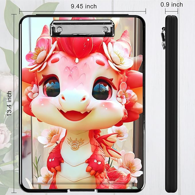 Heavy Duty Storage Clipboard, Slim Nursing Clipboard with Internal Pen Case, Portable File Organizer Case for A4 Letter Size Paper Office Medical Professionals, Pink Dragon