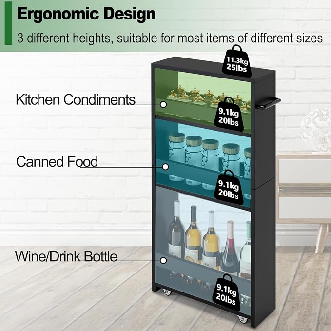 MARTY Slim Rolling Storage Cart, Wood Utility Kitchen Bathroom Laundry Cart | 4 Tier Kitchen Cart with Wheels Handle, Laundry Room Organization, Narrow Bathroom Storage Cabinet, 5.5" Wide Storage Trolley