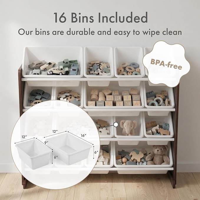 Humble Crew Kids Toy Organizer with 16 Bins, 4 Tier Storage for Playroom | Sturdy wood and steel toddler shelf, removable BPA-free containers, wall anchor anti-tip safety kit for bedroom or classroom