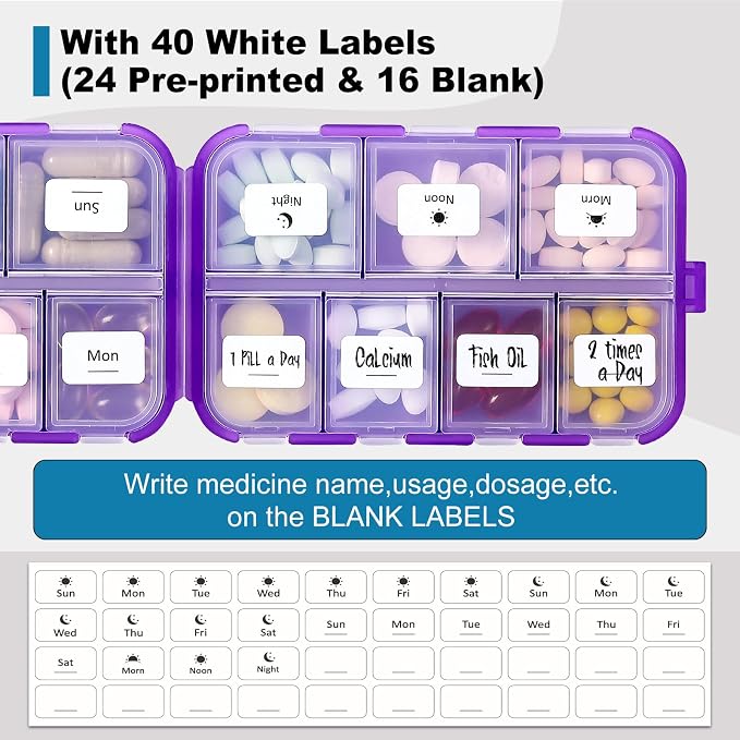 14 GRIDS Travel Pill Organizer Box with Labels - Travel Medicine Case Kit - Pocket Daily Pharmacy Container - Travel Medication Holder Dispenser for Fish Oil Vitamin Supplement Storage - Clear Purple